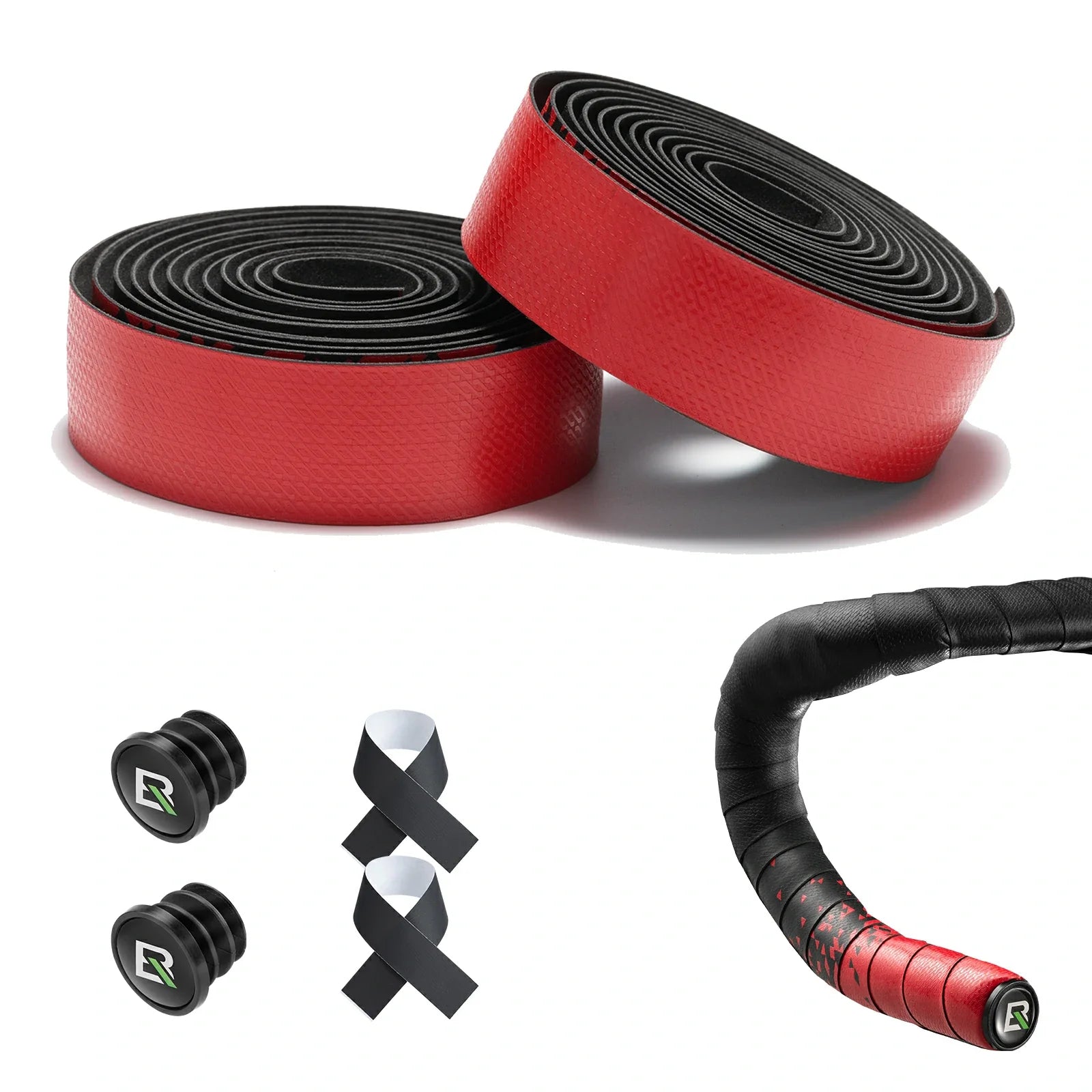 Red and black handlebar wrap with accessories on a white background #Color_Red