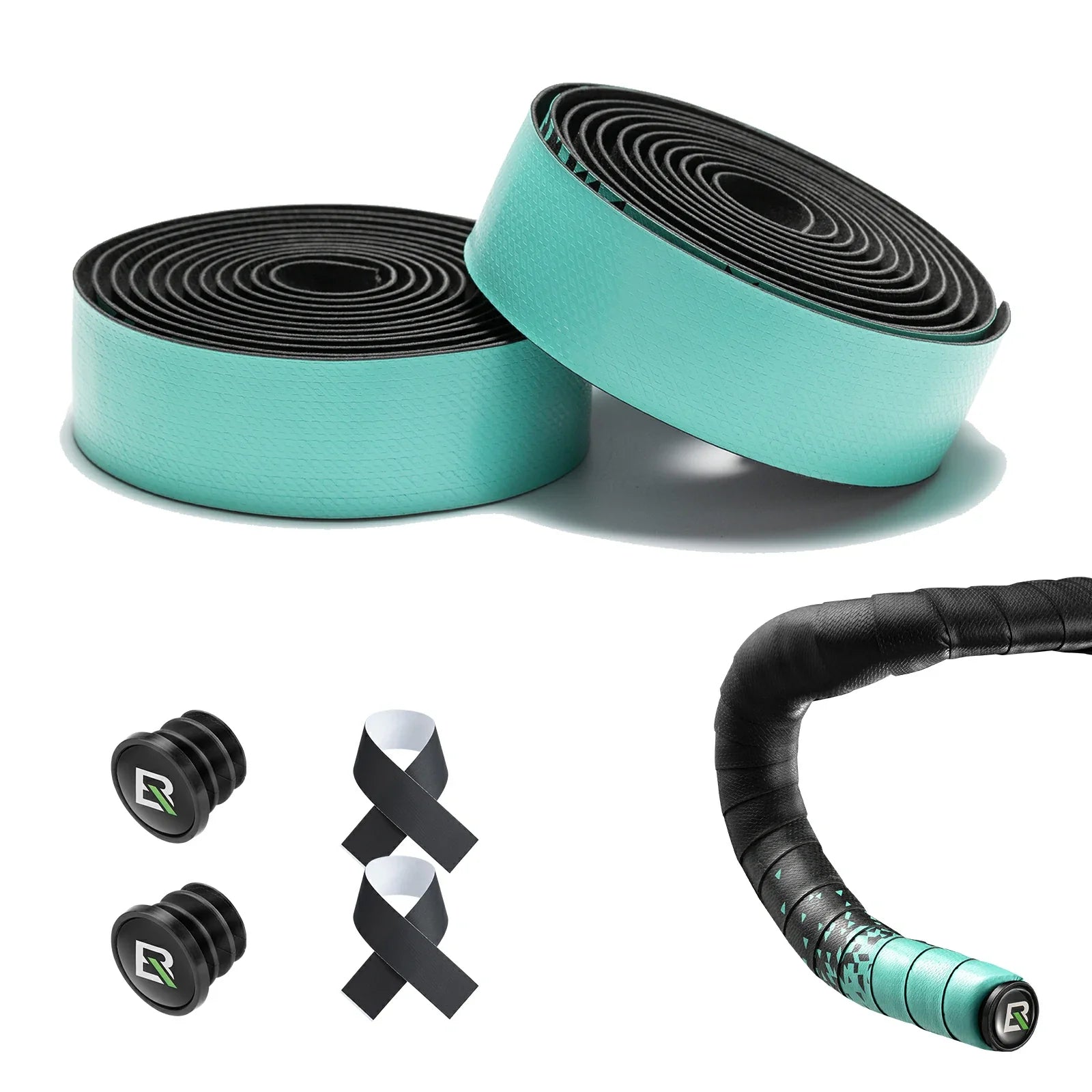 Bicycle handlebar tape set with additional components on a white background #Color_Green