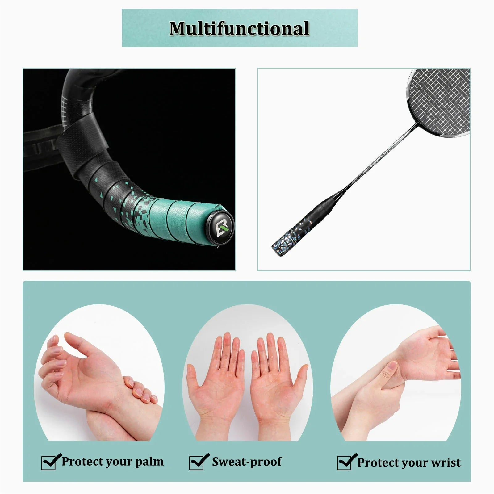A promotional collage for a badminton grip tape or handle wrap. The top header reads 'Multifunctional.