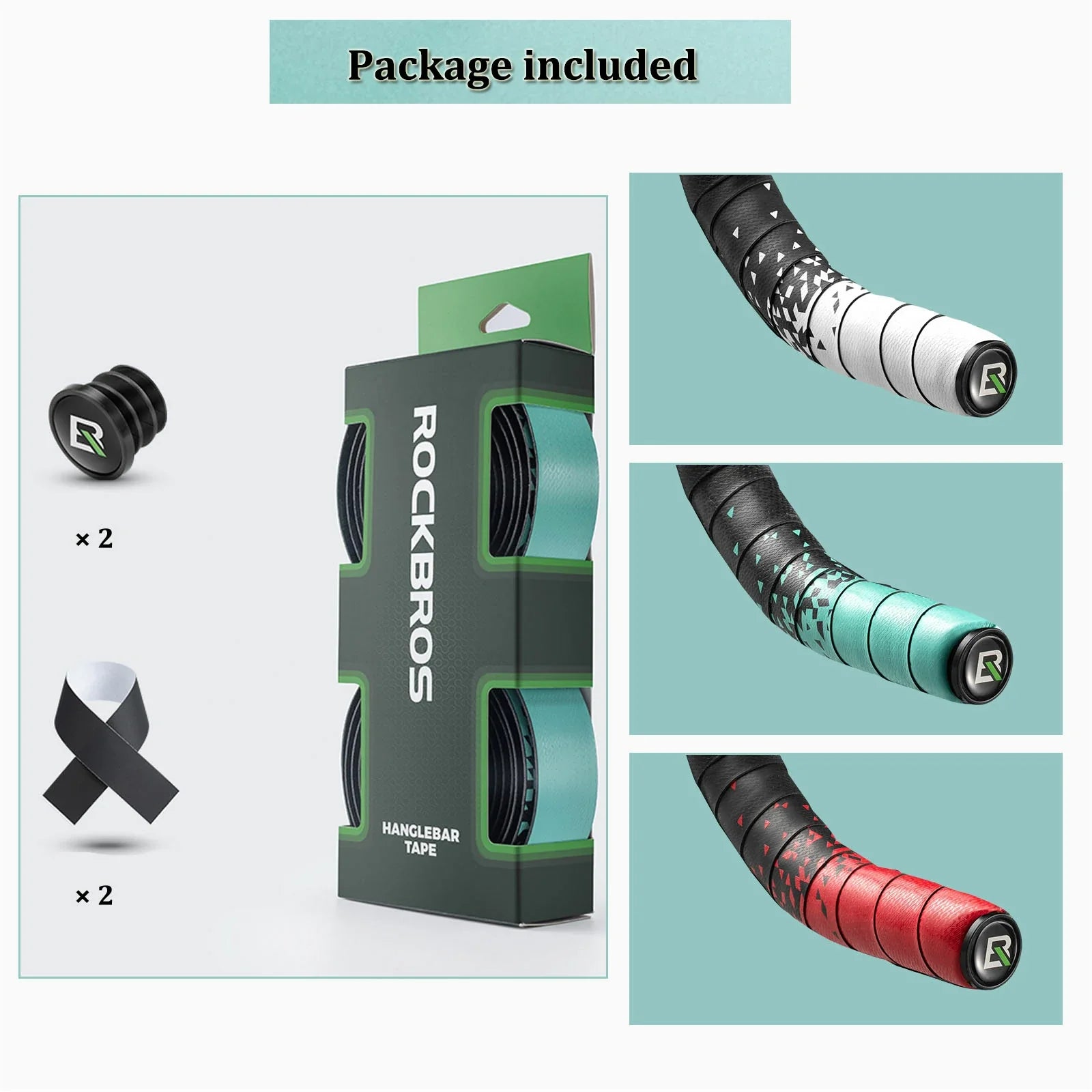 RockBros handlebar tape packaging with additional tapes on a teal background