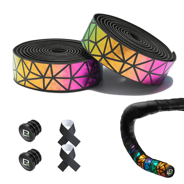 Reflective bicycle handlebar tape shown in two rolls and on a wrapped handlebar, alongside black grip tape plugs and two black-and-white ribbons on a white background. #Color_Colorful