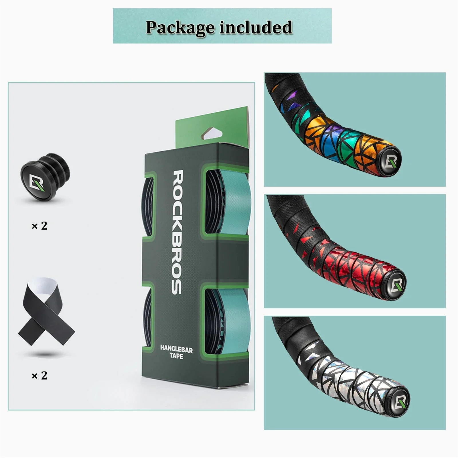 Rockbros handlebar tape package shown with two black foam end caps and three close-up tape wraps in different color patterns on a light gray background.