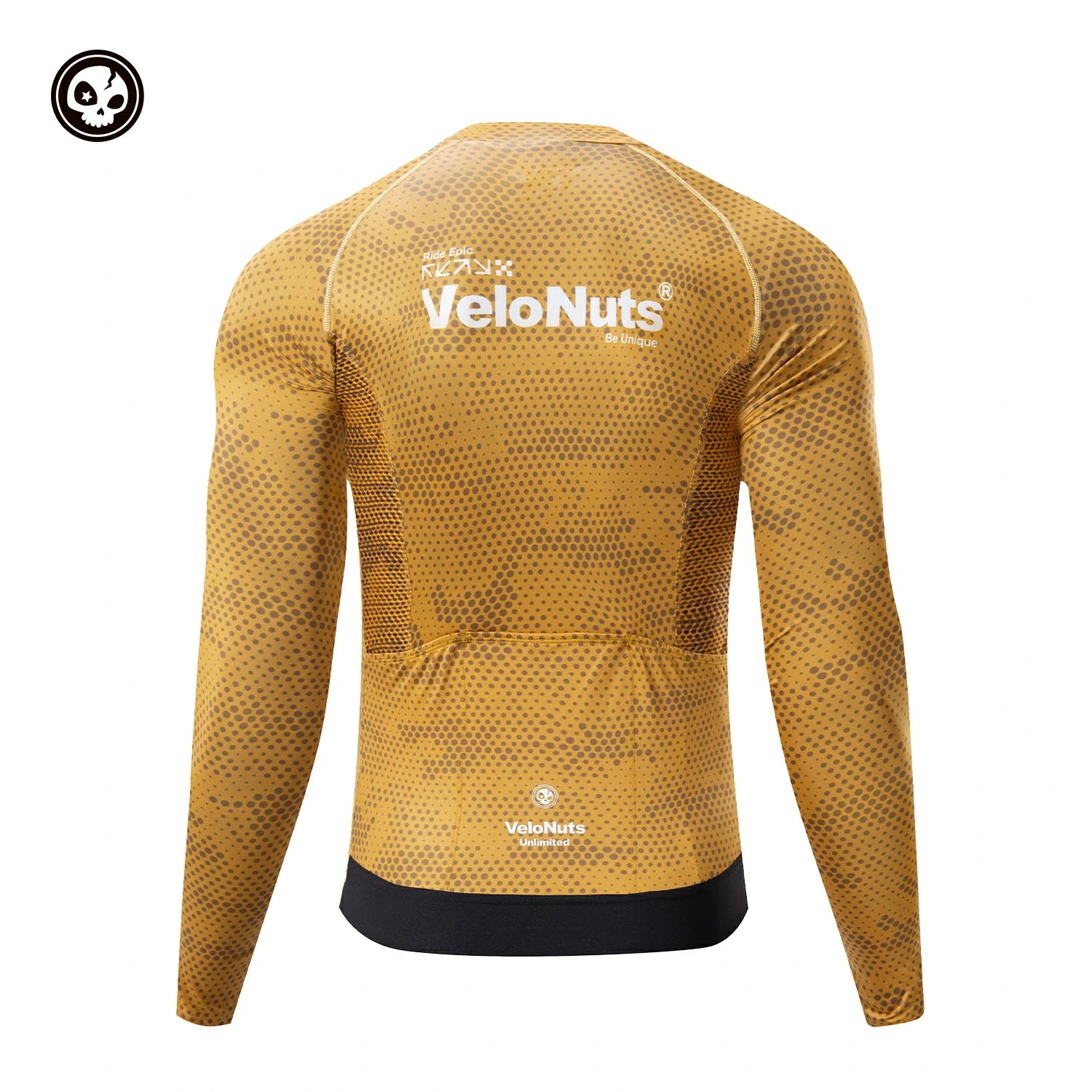 Yellow long-sleeve compression shirt with 'VeloNuts' branding on a white background  #color_yellow