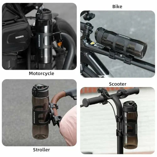 Bottle holder on various vehicles including a motorcycle, bike, scooter, and stroller.