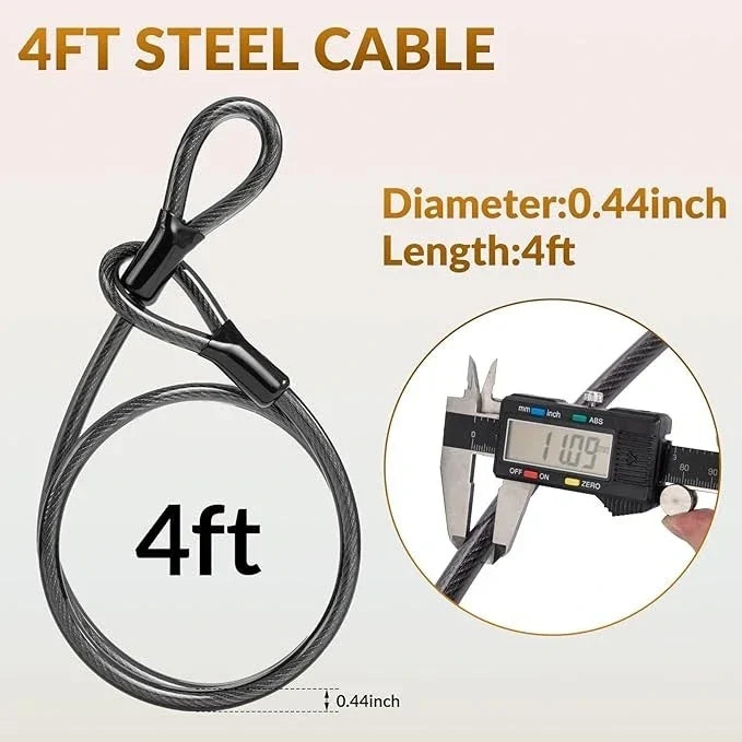 A coiled 4-foot steel cable lock with a black metal gate clasp, shown on a light beige background with text indicating its dimensions and a circular inset showing a digital caliper measuring the cable diameter. #Color_Lock+Cable