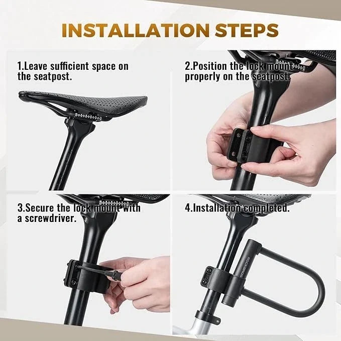 Installation steps diagram showing a bicycle seatpost lock mounted onto a black bicycle seatpost, with four panels containing numbered text instructions and close-up views of hands securing the lock.