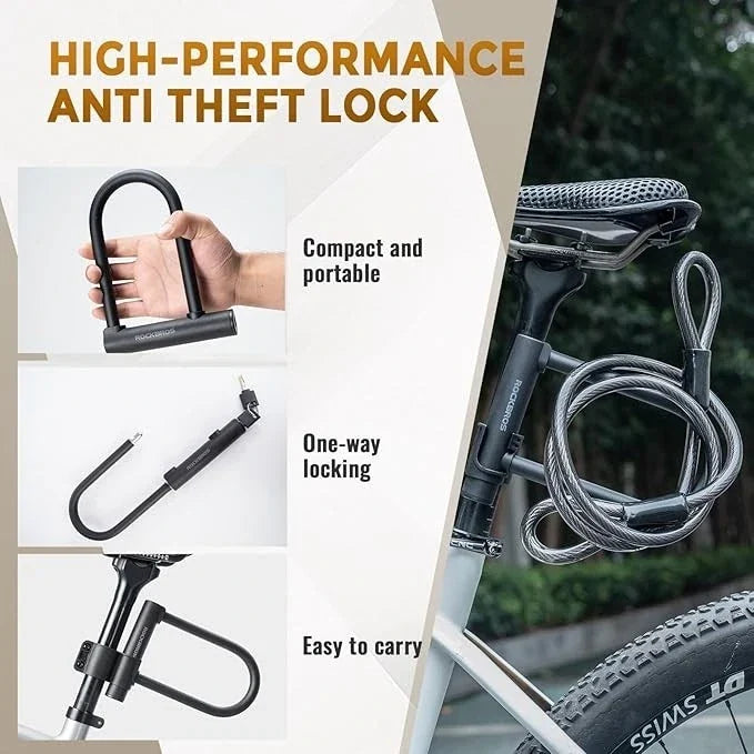 A high-performance anti-theft bicycle lock shown in a composite marketing graphic. The right side shows the black steel lock attached around a bicycle seat post, with a bicycle tire visible in an outdoor setting. #Color_Lock+Cable