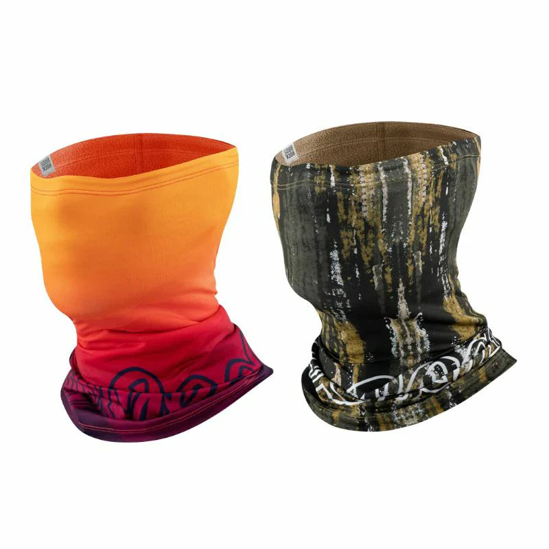 Two neck gaiters, one orange and red, the other black and gold, on a white background.  #Color_Orange Color2_Brown2