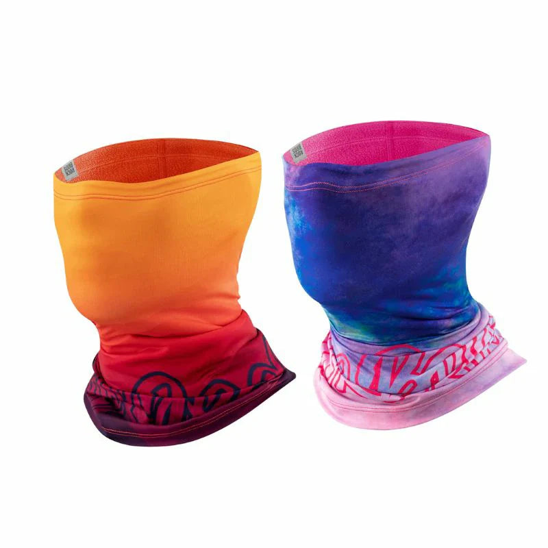 Two colorful neck gaiters, one orange and red, the other blue and pink, on a white background. #Color_Orange Color2_Pink2