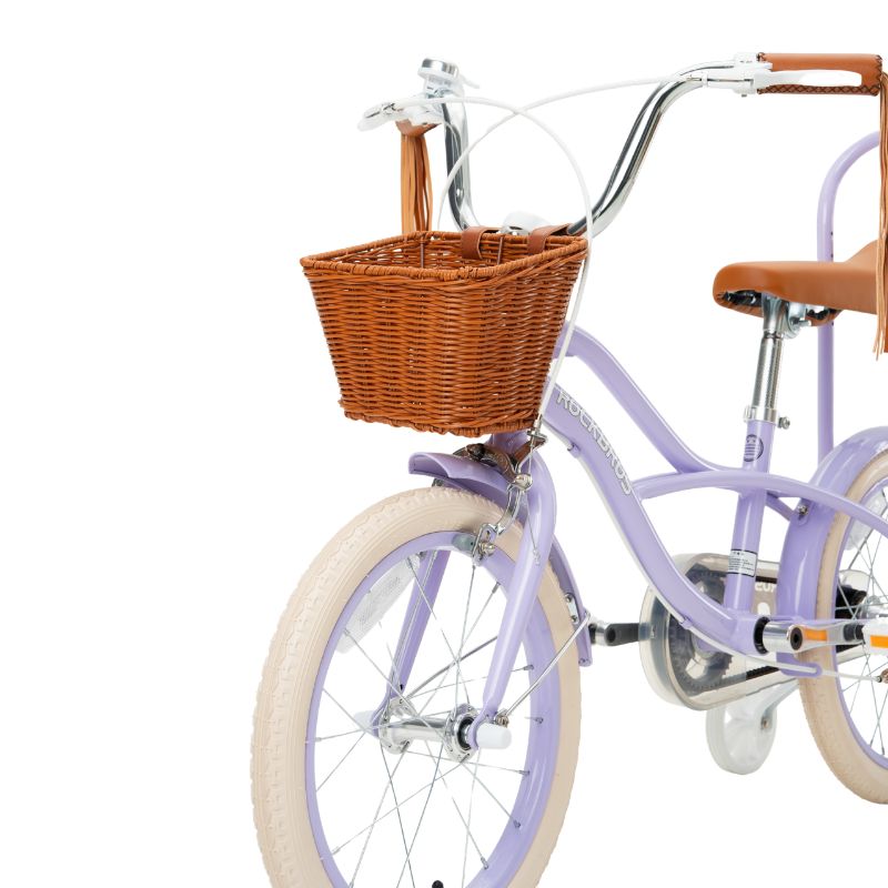 Purple bicycle with a brown basket on a white background #color_Purple