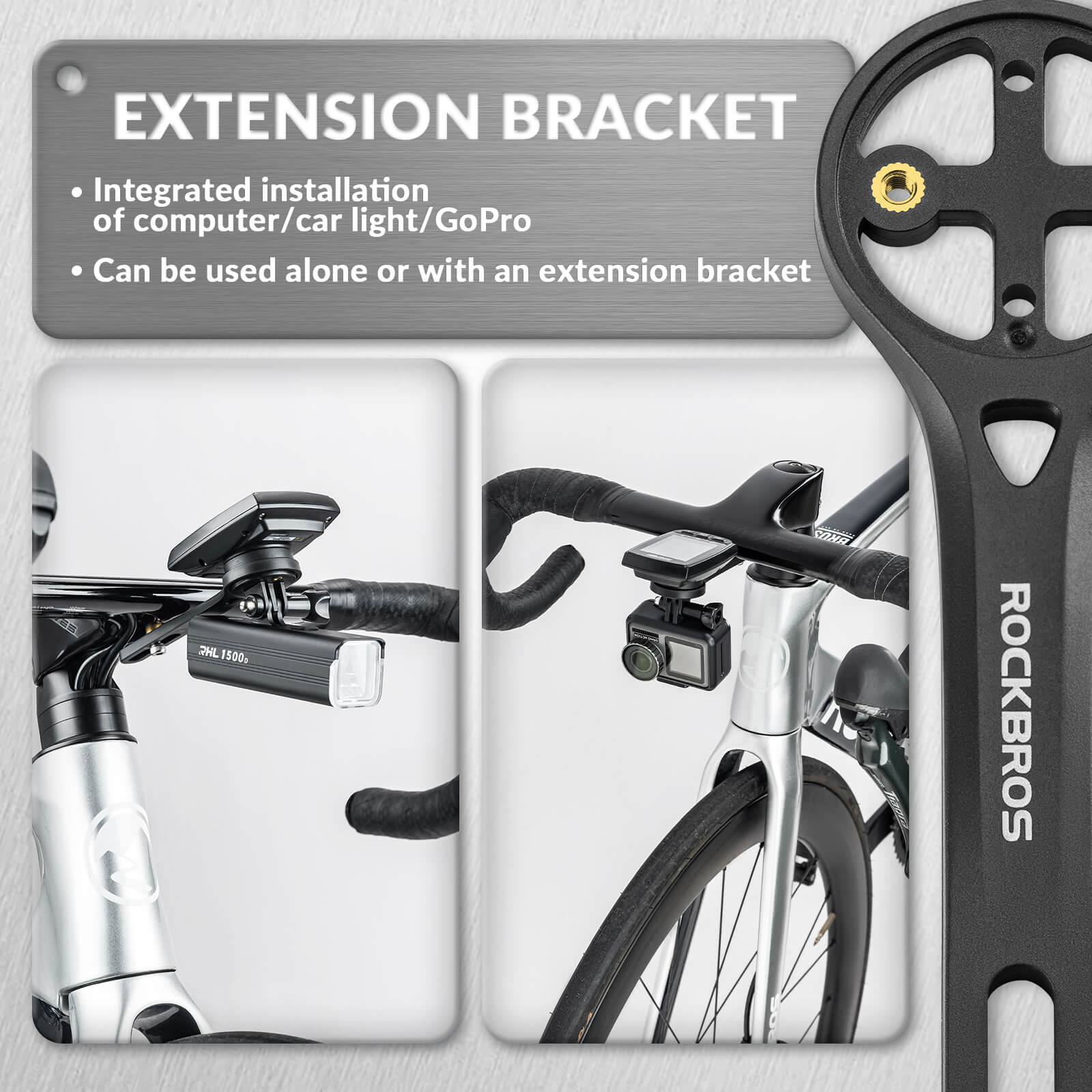 ROCKBROS Bicycle Computer Mount featuring compatibility with sport camera adapters, designed for durable and stable use on handlebars.