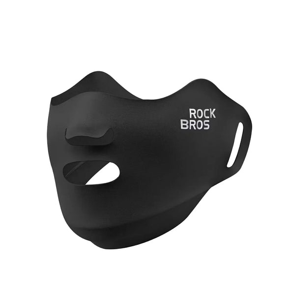 Black face mask with 'Rock Bros' branding on a white background #color_black