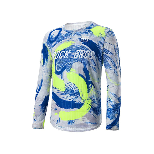 A long-sleeve athletic shirt with a blue and neon yellow abstract brushstroke pattern on a white background, featuring 'ROCKBROS' printed across the chest. #Color_Blue