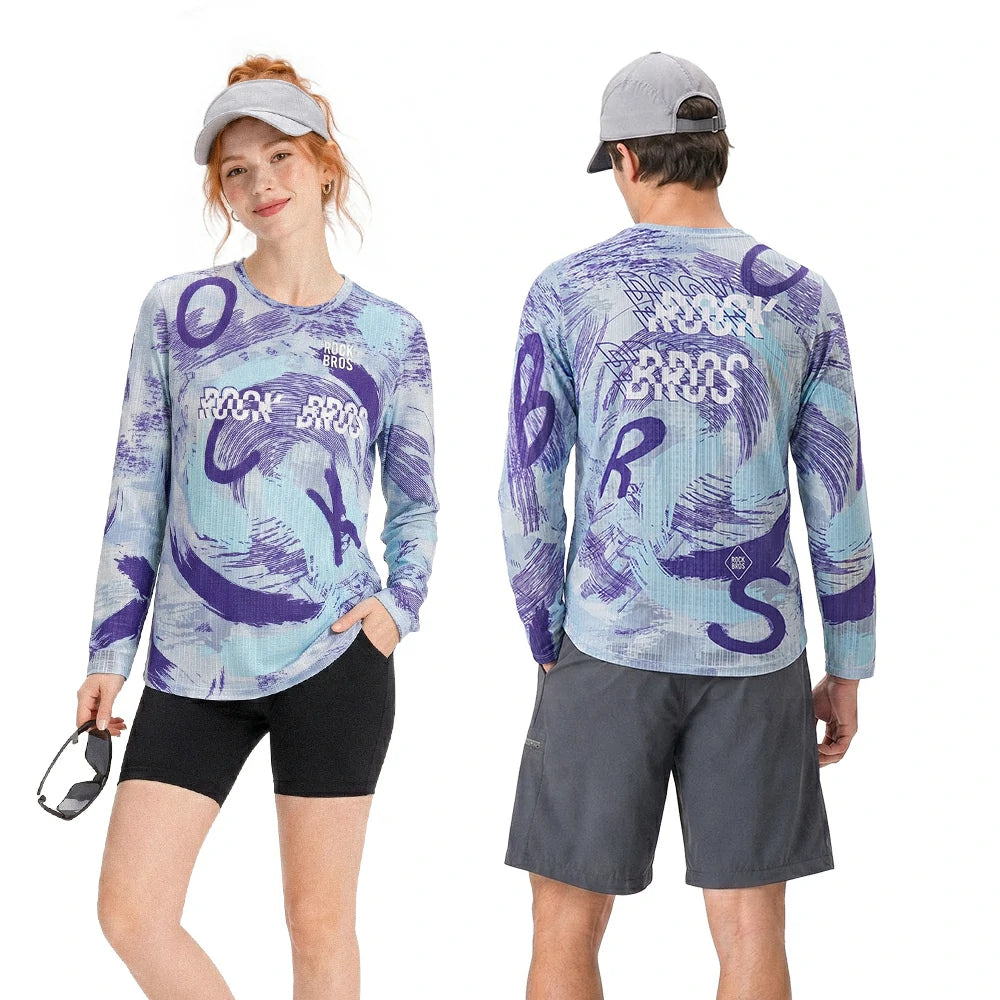 A man and a woman modeling matching long-sleeve athletic shirts with a blue and purple abstract brushstroke pattern and 'ROCK BROS' text, shown from front and back views against a white background.
