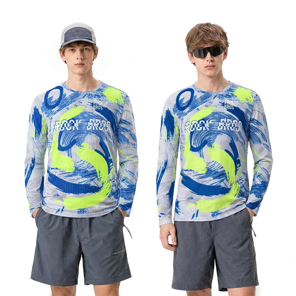 Two male models wearing matching long-sleeve athletic shirts with a blue and neon yellow abstract wave pattern and the text 'ROCKBROS' across the chest, paired with gray shorts, on a white studio background.