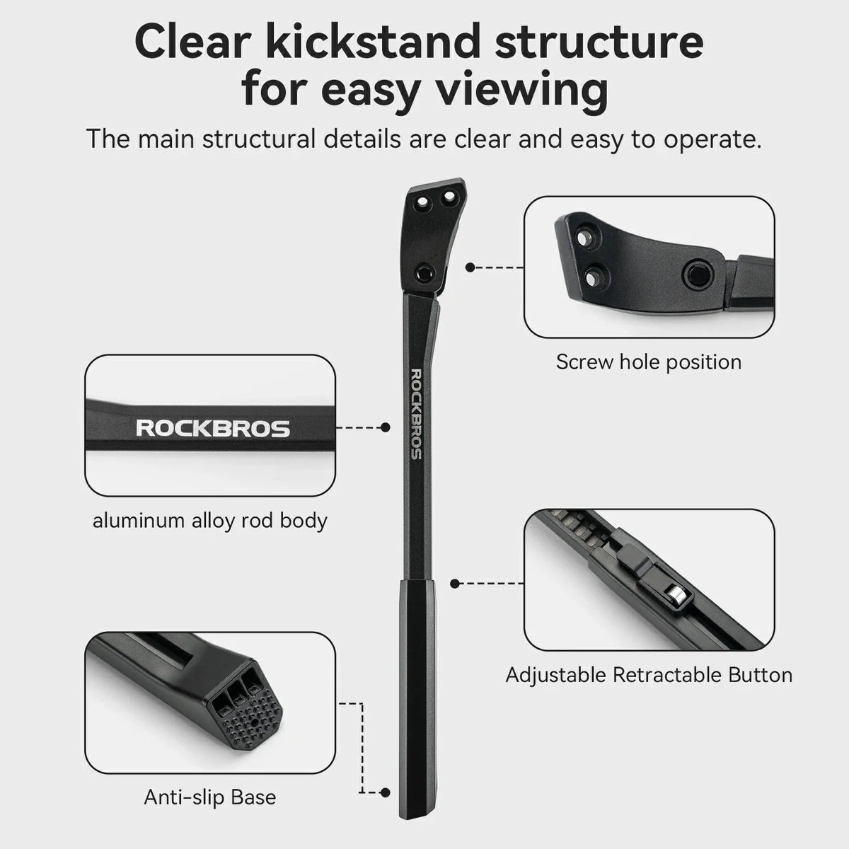Adjustable aluminum kickstand with non-slip foot and bolt mount