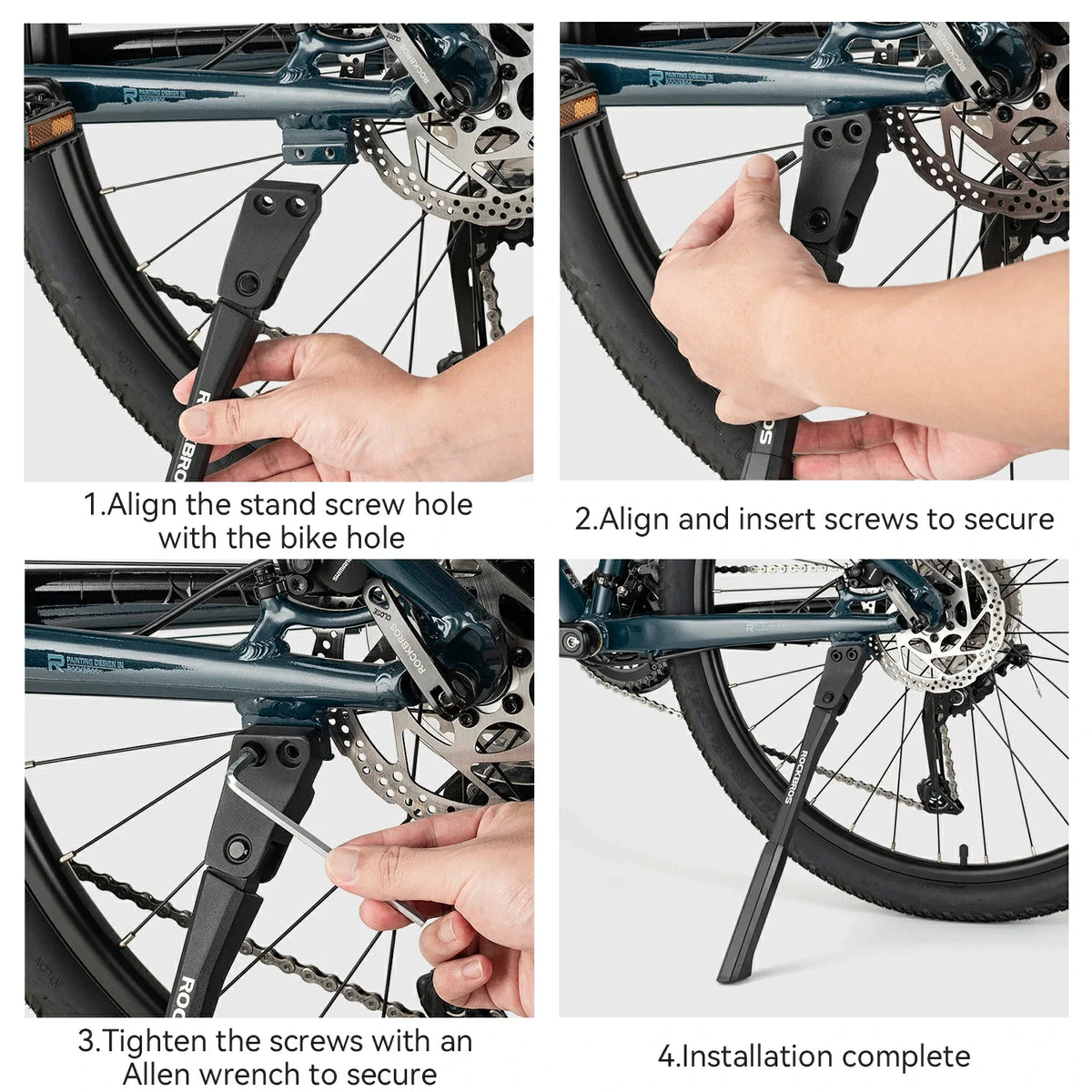 Installation steps for the adjustable mountain bike kickstand