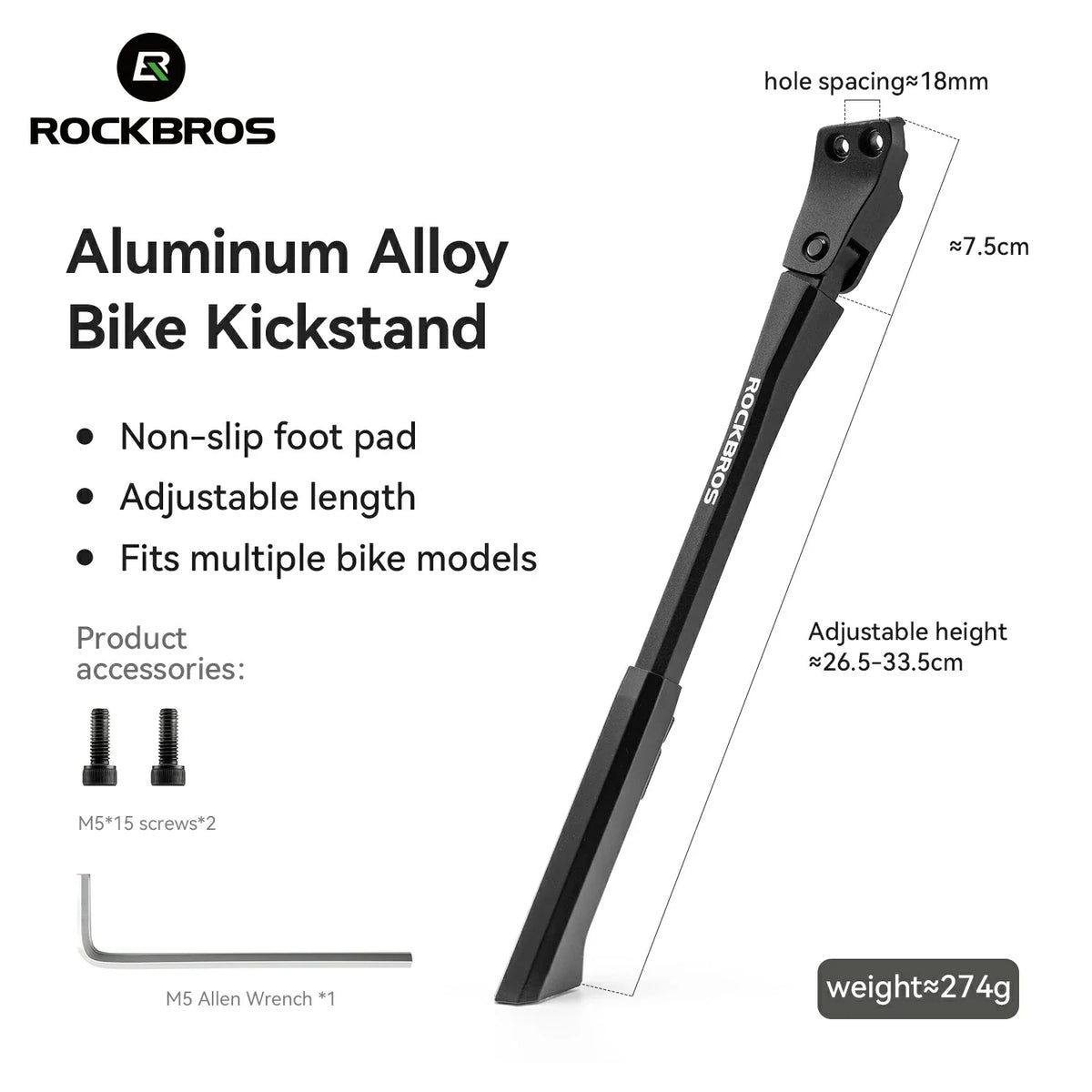 Bike kickstand specifications and included mounting hardware