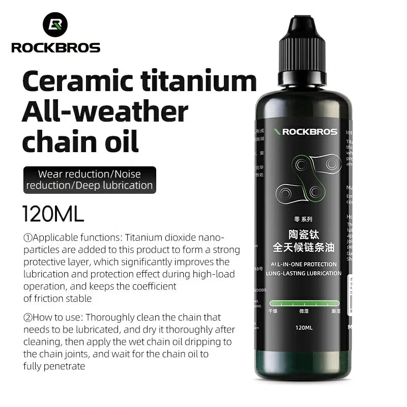 RockBros ceramic titanium chain oil bottle with product details on a white background #color_All-weather Chain Oil