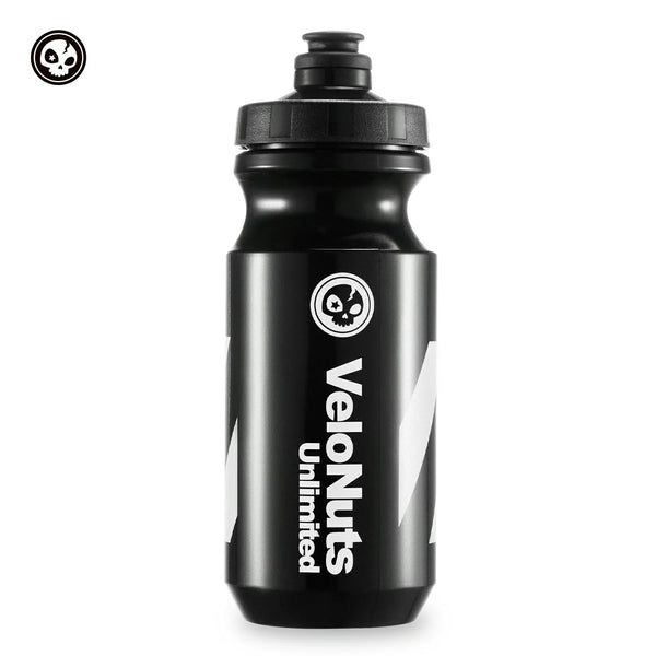 Black water bottle with 'VeloNuts ' branding on a white background