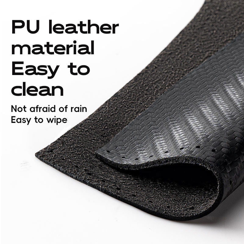 Black PU leather material with text on a white background