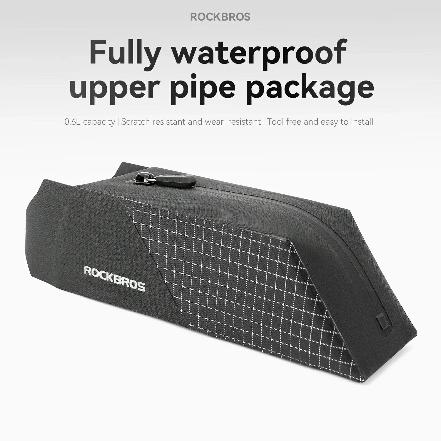 Black waterproof package with grid pattern and 'RockBros' branding on a gray background