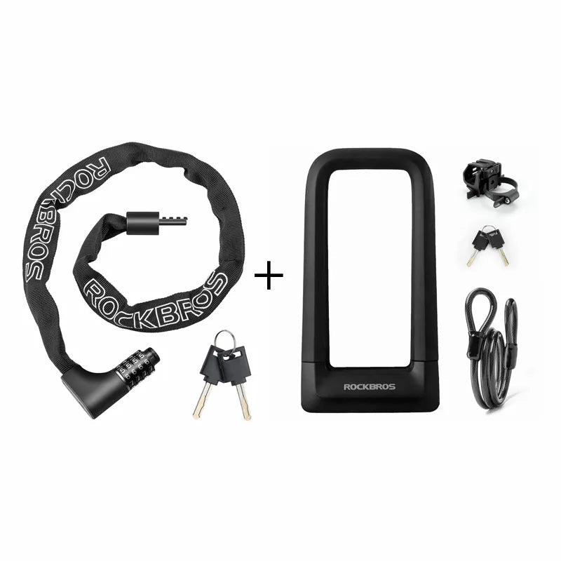 RockBros bicycle lock bundle on a white background, featuring a black curved cable lock with white brand lettering, a black U-lock, two keys, a mounting bracket, and a small cable. #Size_3 Locks Set