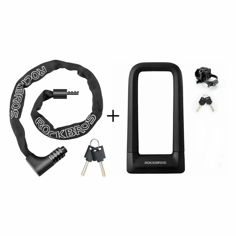 RockBros bicycle lock bundle on a white background, featuring a black coiled cable lock with white RockBros branding, a black U-lock, two keys, a mounting bracket, and a plus sign between the main components. #Size_2 Locks Set