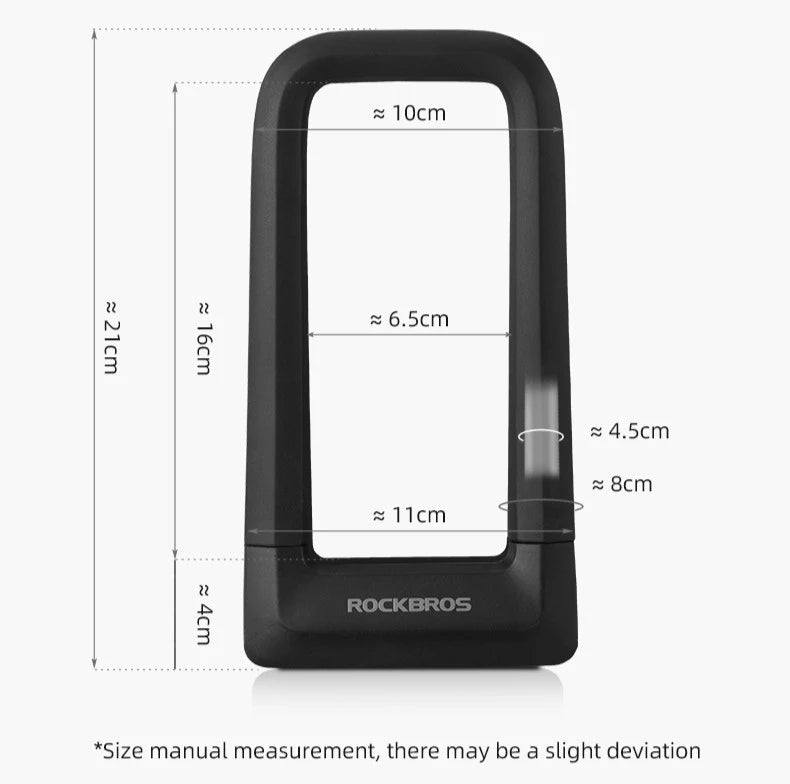 Black portable device with dimensions labeled on a white background, featuring the brand 'RockBros'.
