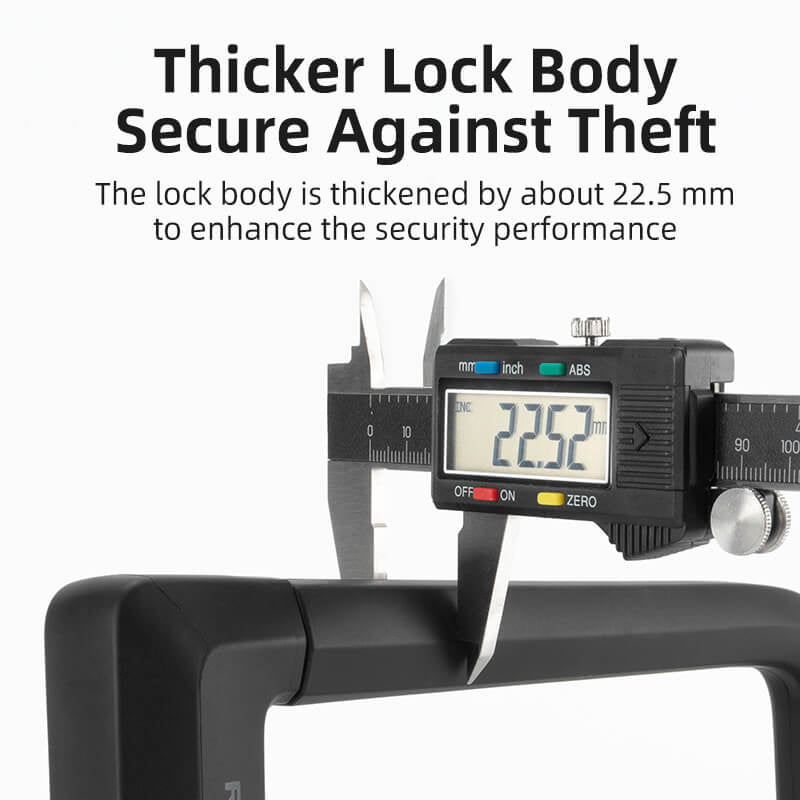 Digital caliper measuring a thick lock body with text about security enhancement.