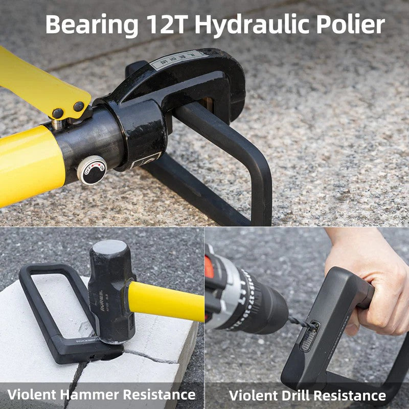 Bearing 12T Hydraulic Polier with text highlighting features on a concrete surface.