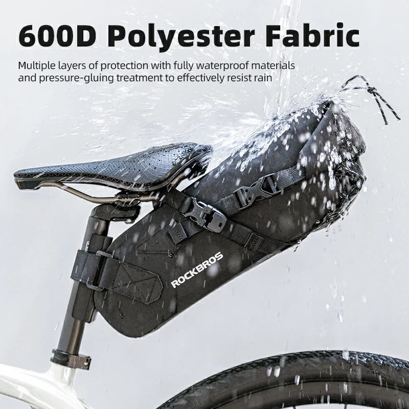 Bicycle seat bag with 600D polyester fabric, water resistance, and RockBros branding.