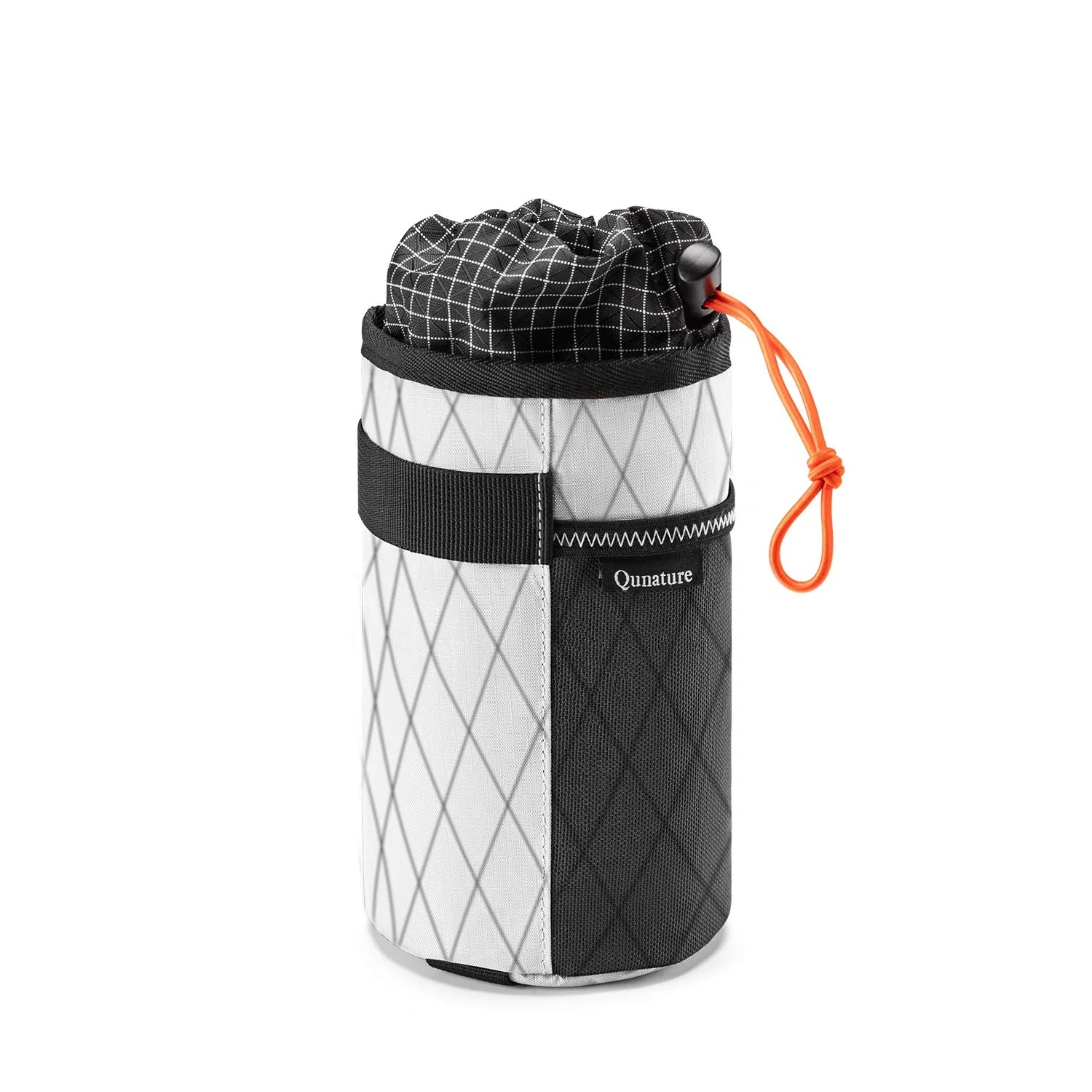 A cylindrical insulated bottle sleeve by Nature, featuring a white and black geometric pattern, a black diamond-quilted section, a black elastic band, and an orange drawstring cord. #Color_White