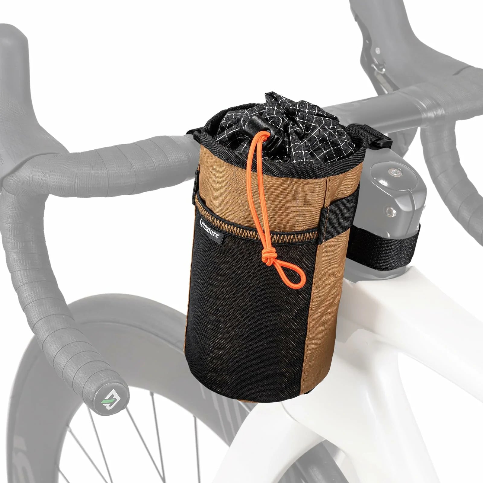 Bicycle handlebar bag with black and brown design on a bike frame #Color_Brown