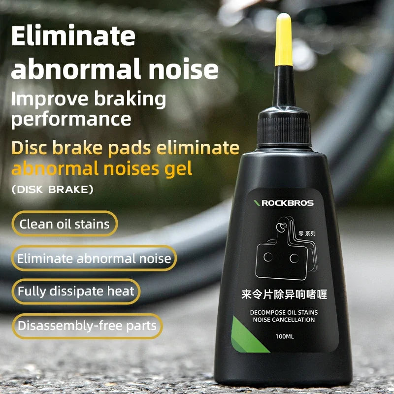 Bottle of disc brake pads eliminate abnormal noises gel with text on a blurred background