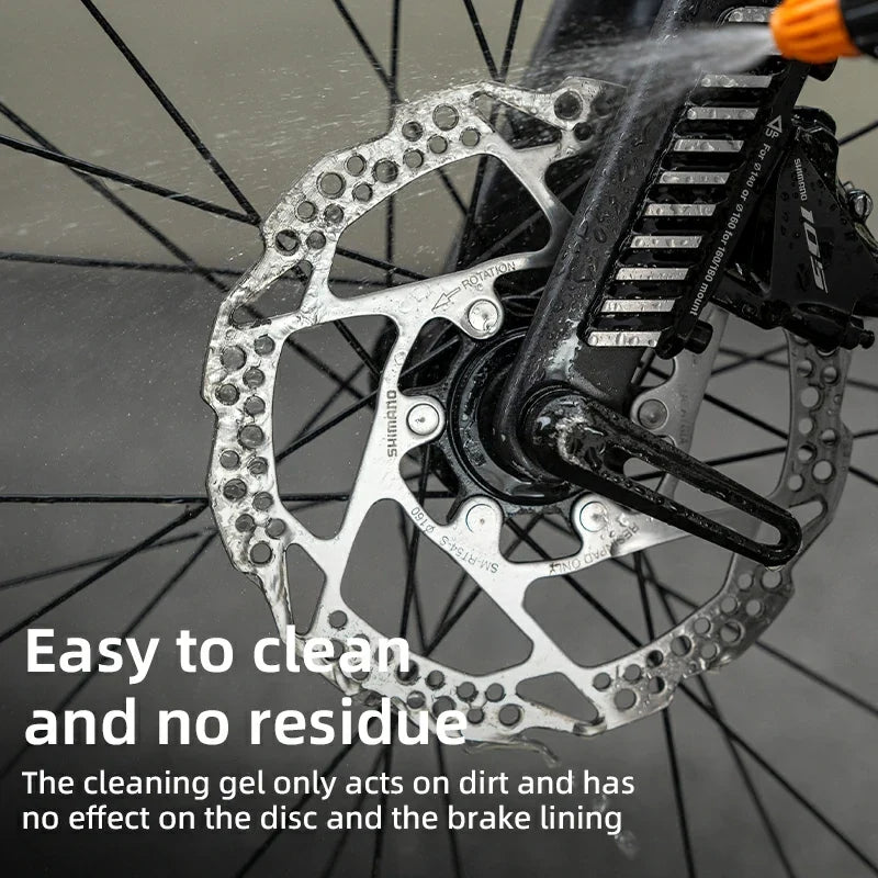 Bicycle disc brake being cleaned with a cleaning gel, emphasizing ease of cleaning and residue-free results.