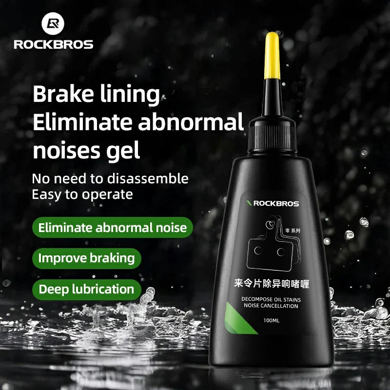 Bottle of brake lining gel with text on a dark background