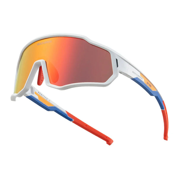 Sunglasses with multicolored frame and reflective lenses on a white background #color_Frosted White / Polarized Red