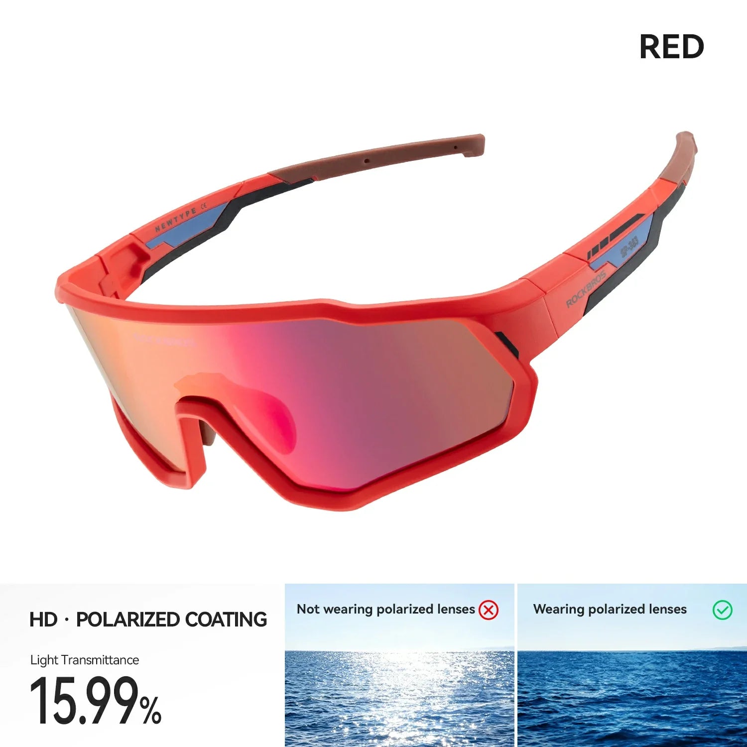 Red sunglasses with polarized coating feature on a white background #color_Matte Red / Polarized Red Purple