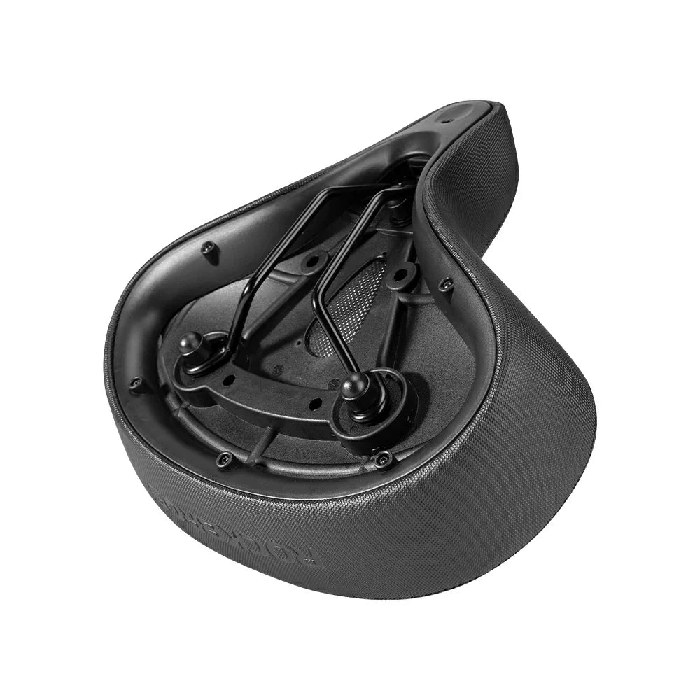 Black bicycle seat with internal components on a white background