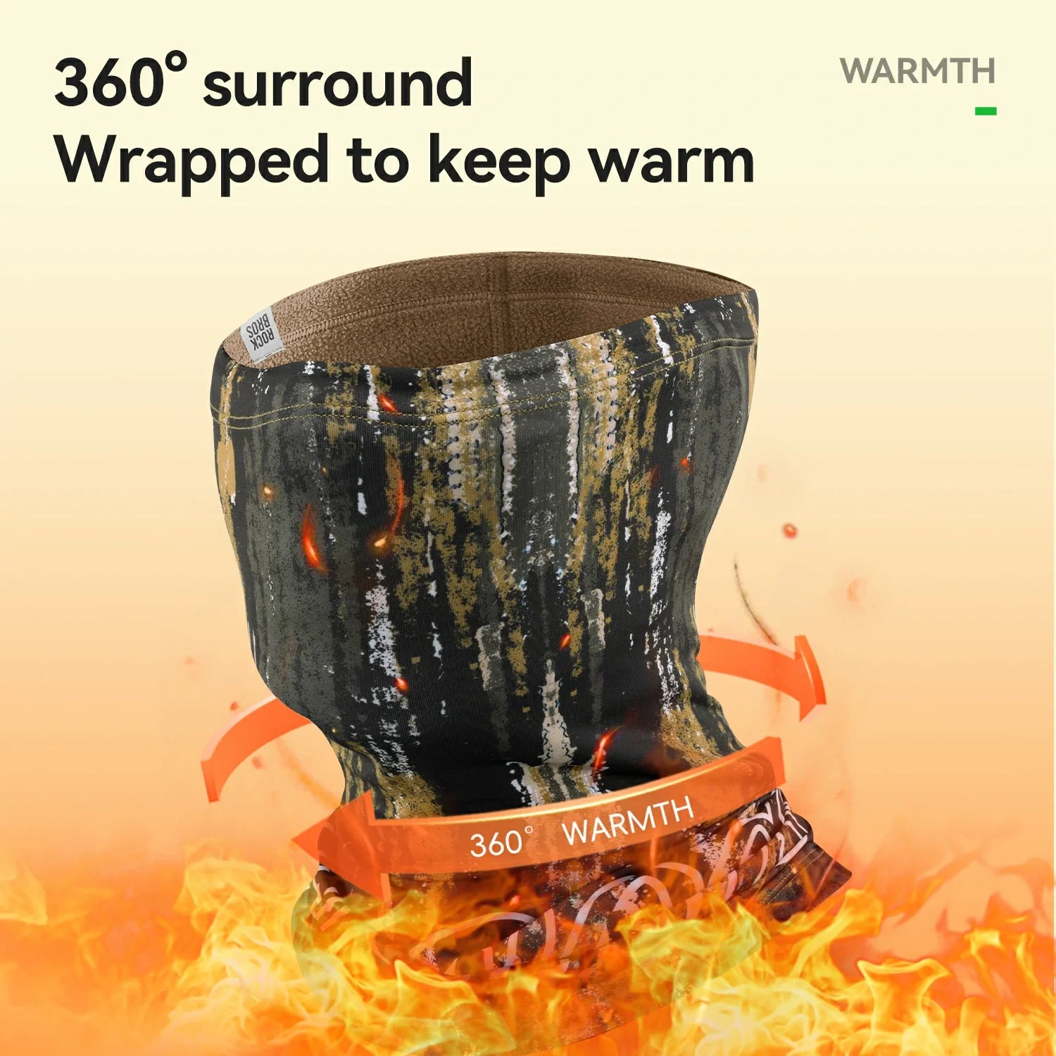 Product with '360¡ã warmth' text surrounded by flames on a beige background