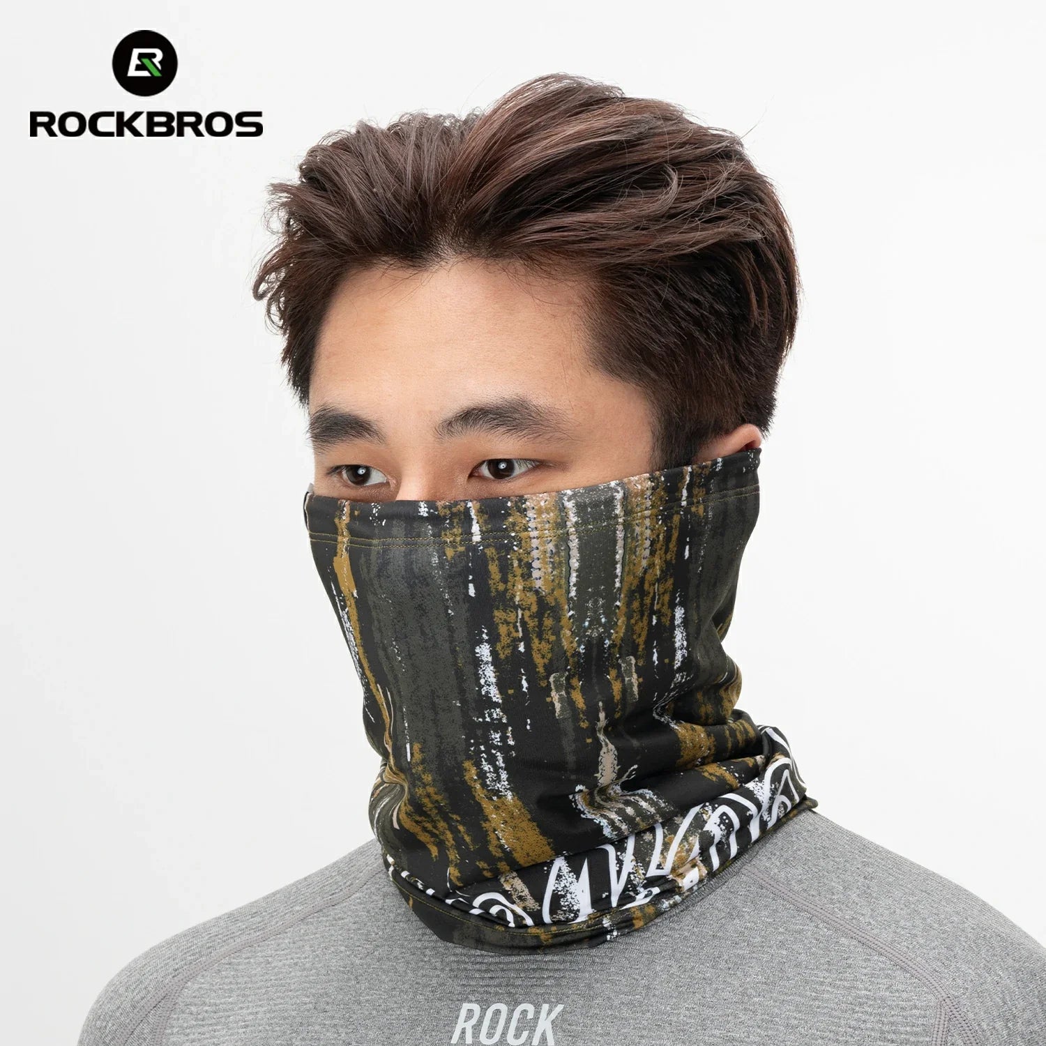 Person wearing a patterned neck gaiter with Rockbros branding on a white background #Color_Brown