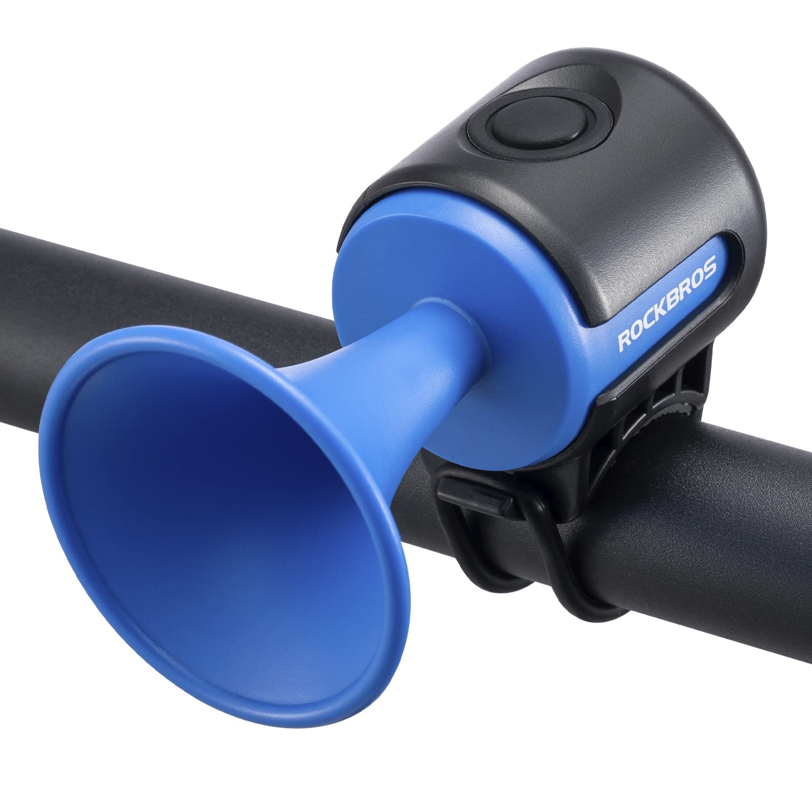 Blue bike horn with black handlebar mount on a white background #color_Blue