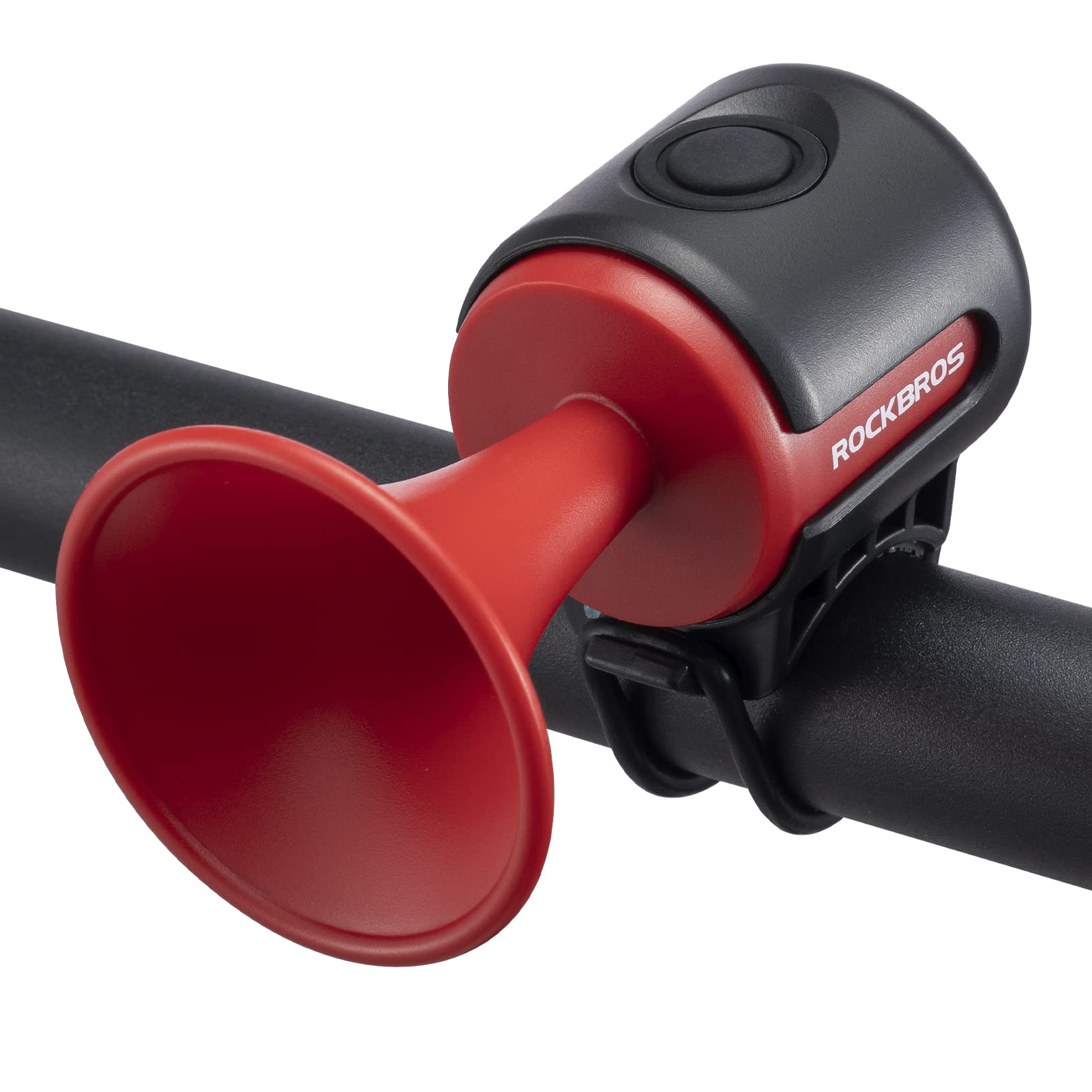 Red bicycle horn with black casing on a white background #color_Red