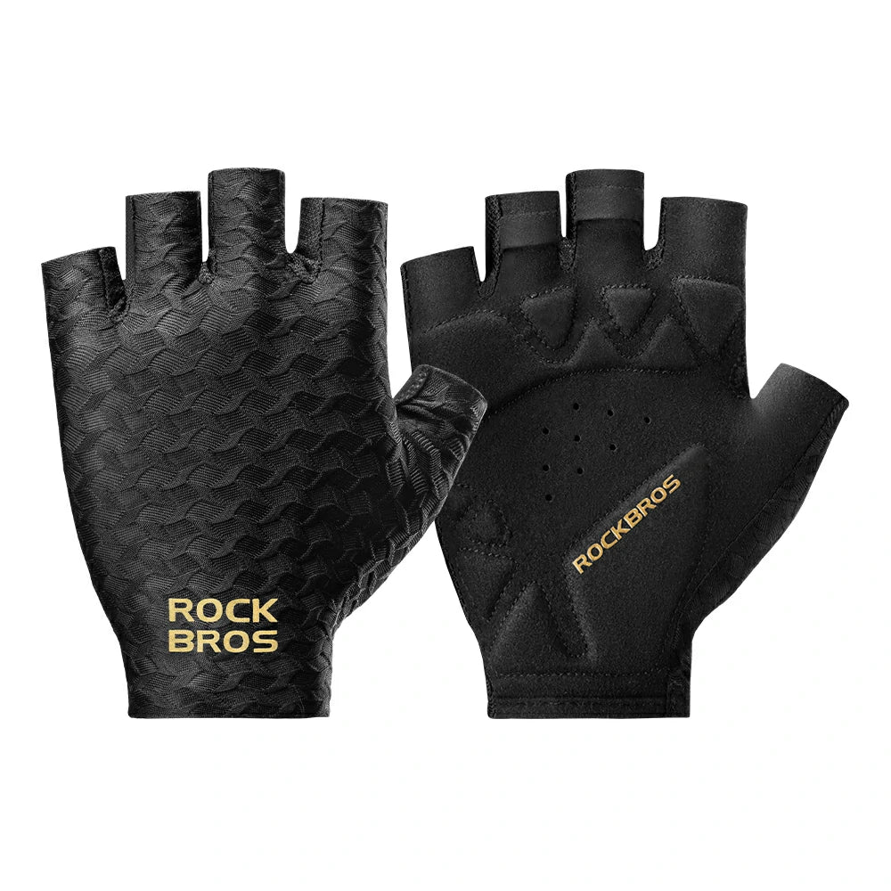 A pair of black fingerless cycling gloves shown from both the back and palm sides on a plain white background. The back of the hand features a distinctive black scale-like textured pattern, while the palm side is smooth with perforated ventilation holes. #Color_Black