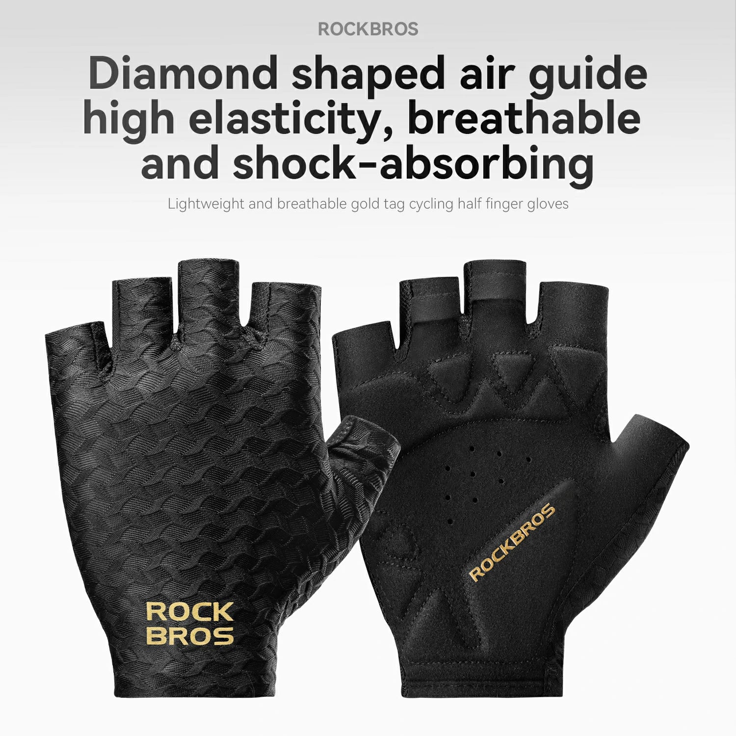 A pair of black ROCK BROS fingerless cycling gloves shown against a light gray background with promotional text. One glove displays a textured scale pattern, and the other shows the palm side with gold ROCKBROS branding.