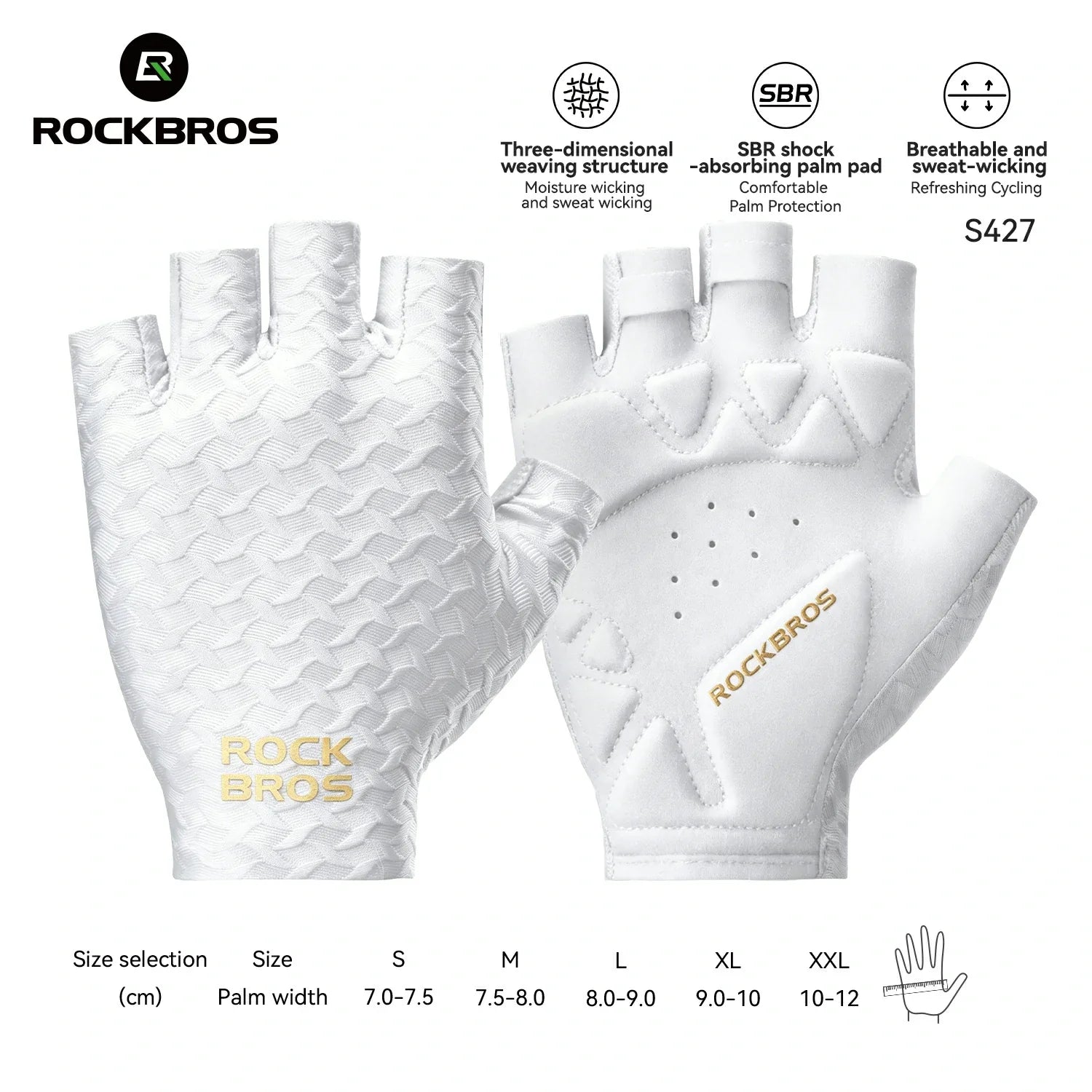A pair of white Rockbros cycling gloves shown front and back on a white background, with feature icons and size selection text above and below. The gloves are fingerless with a textured pattern on one side and a smooth padded area on the other, with gold Rockbros branding. #Color_White
