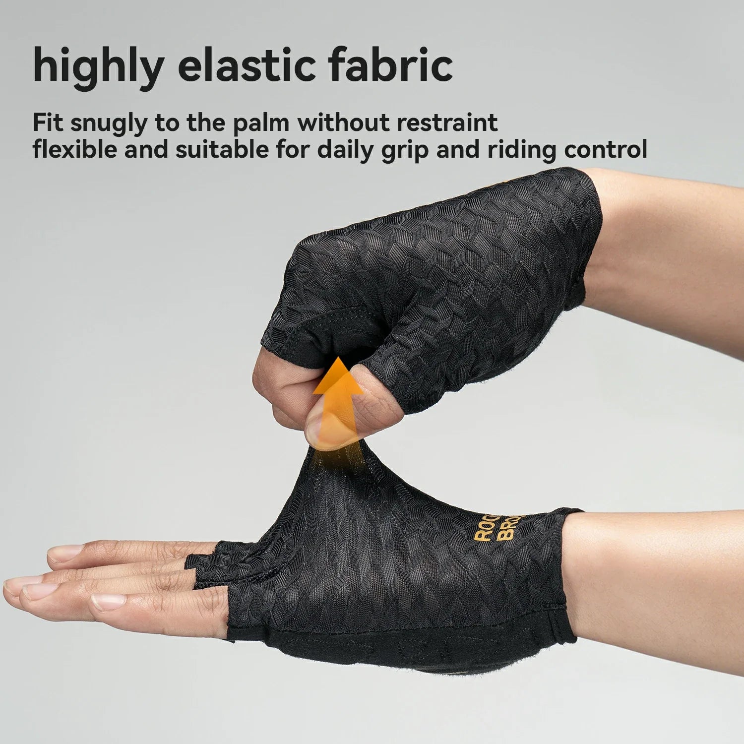 Black fingerless grip gloves made of highly elastic fabric, shown being stretched by a person's hand against a light gray background with descriptive text.