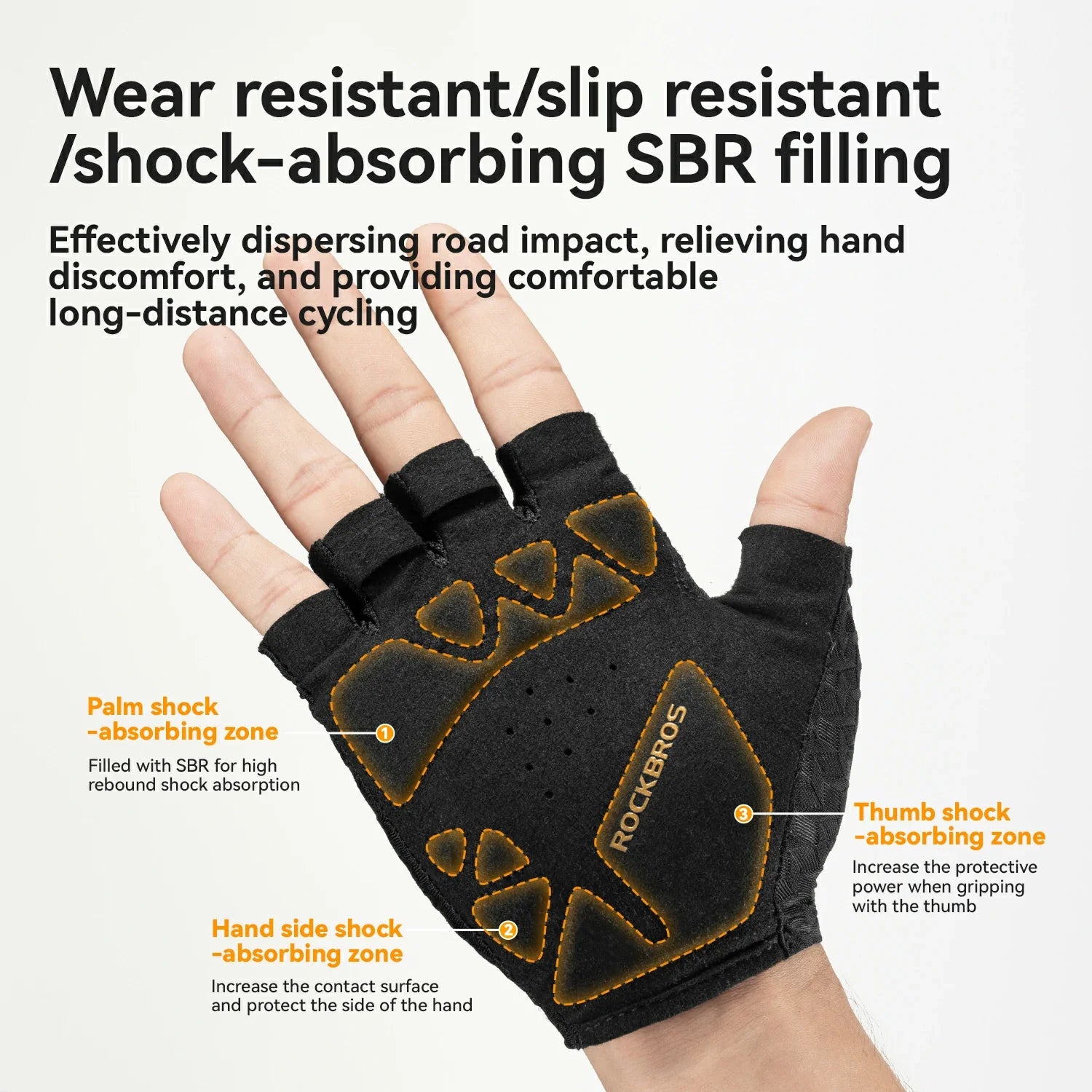 A black fingerless cycling glove shown on a hand, with callout text and diagrams explaining shock-absorbing zones on the palm, thumb, and hand side. The glove has orange stitching and visible SOROSUS branding.
