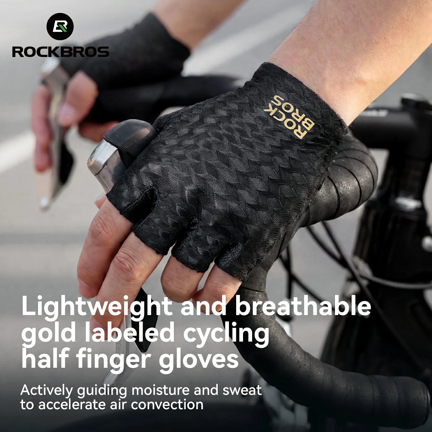 A close-up of a cyclist's hand wearing a black ROCKBROS half finger cycling glove with gold branding, gripping a bicycle handlebar. The image includes text overlays describing the glove's lightweight and breathable gold-labeled features.
